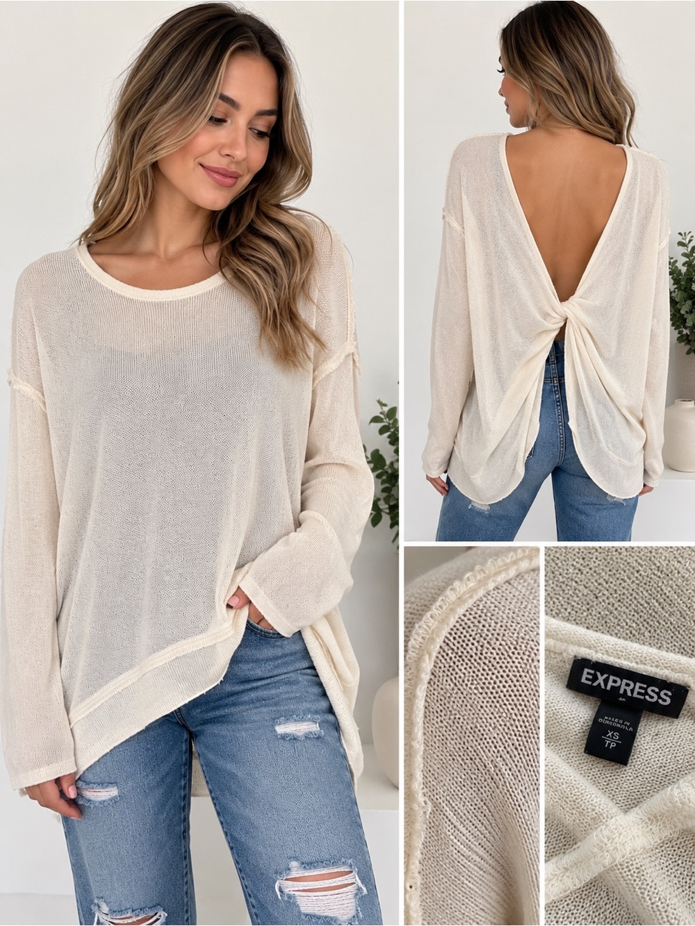 Express Cream Open-Back Twist Knit Pullover